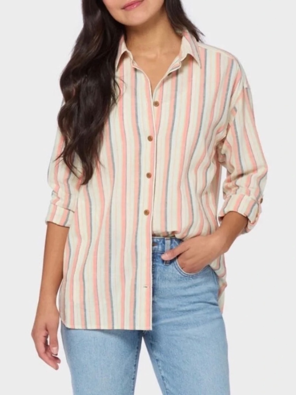 Duluth Trading Hemp Striped Tunic XL Artisan Button Front Pockets Long Sleeve